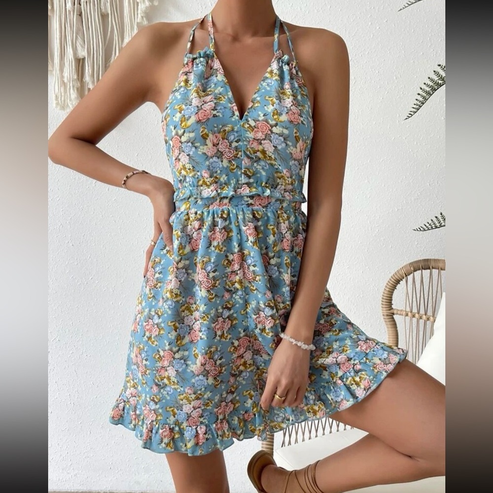 Ruffle Hem Halter Neck Backless Romper